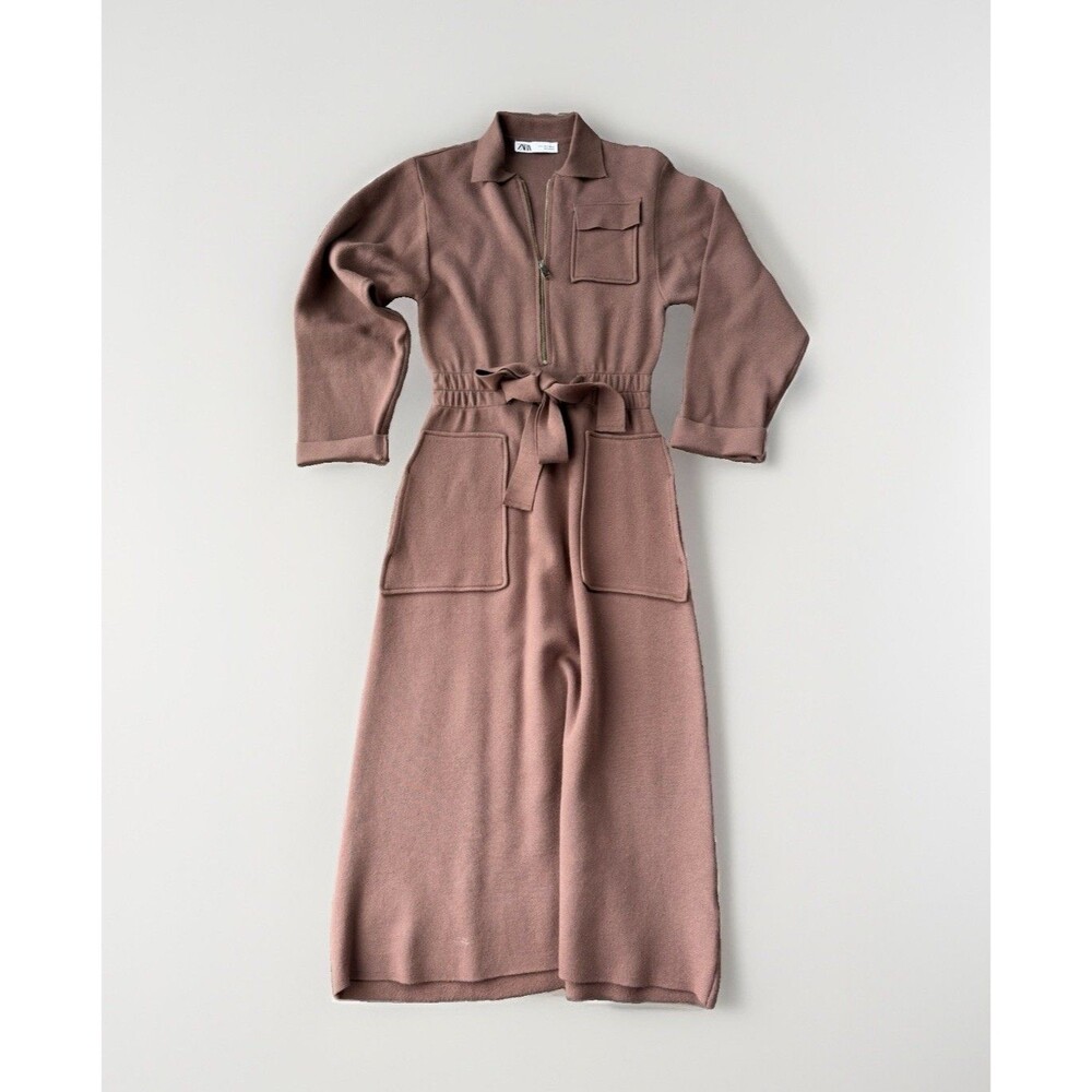 Zara Knit Polo Dress Size Small Brown Zipper Tie Waist Midi Long Sleeve